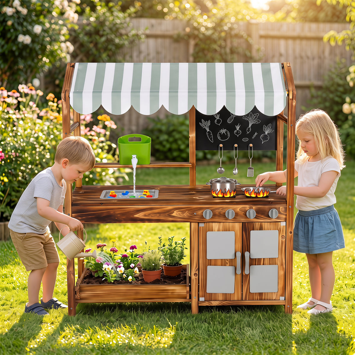 Wooden Kids Mud Kitchen with 8 Accessories and 2-Sided Chalkboard for Boys Girls Ages 3+-Brown view 2