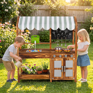 Wooden Kids Mud Kitchen with 8 Accessories and 2-Sided Chalkboard for Boys Girls Ages 3+-Brown view 2