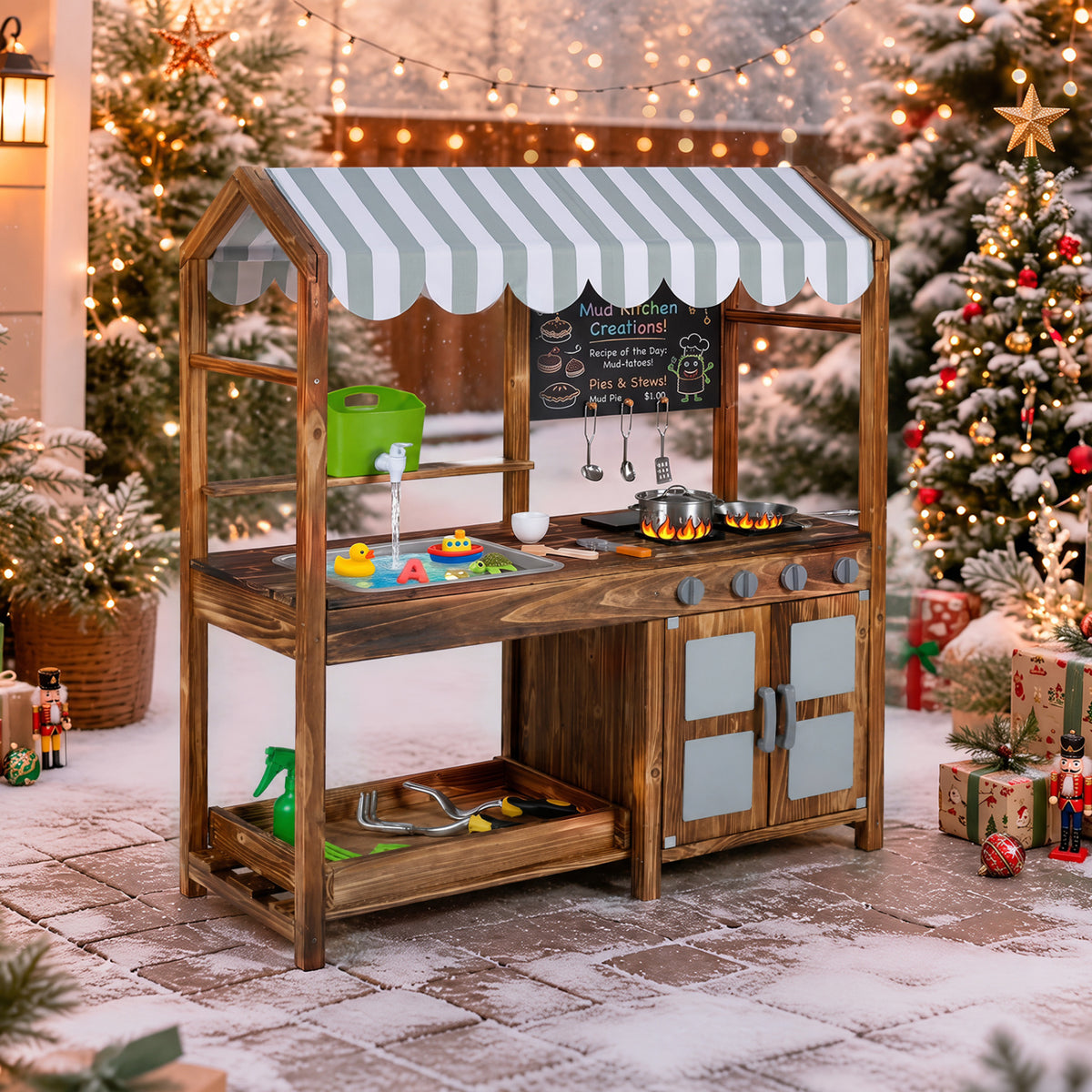 Wooden Kids Mud Kitchen with 8 Accessories and 2-Sided Chalkboard for Boys Girls Ages 3+-Brown view 3