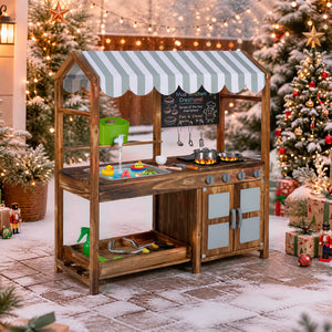 Wooden Kids Mud Kitchen with 8 Accessories and 2-Sided Chalkboard for Boys Girls Ages 3+-Brown view 3