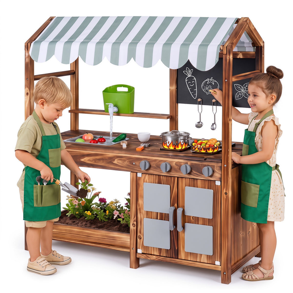 Wooden Kids Mud Kitchen with 8 Accessories and 2-Sided Chalkboard for Boys Girls Ages 3+-Brown view 4
