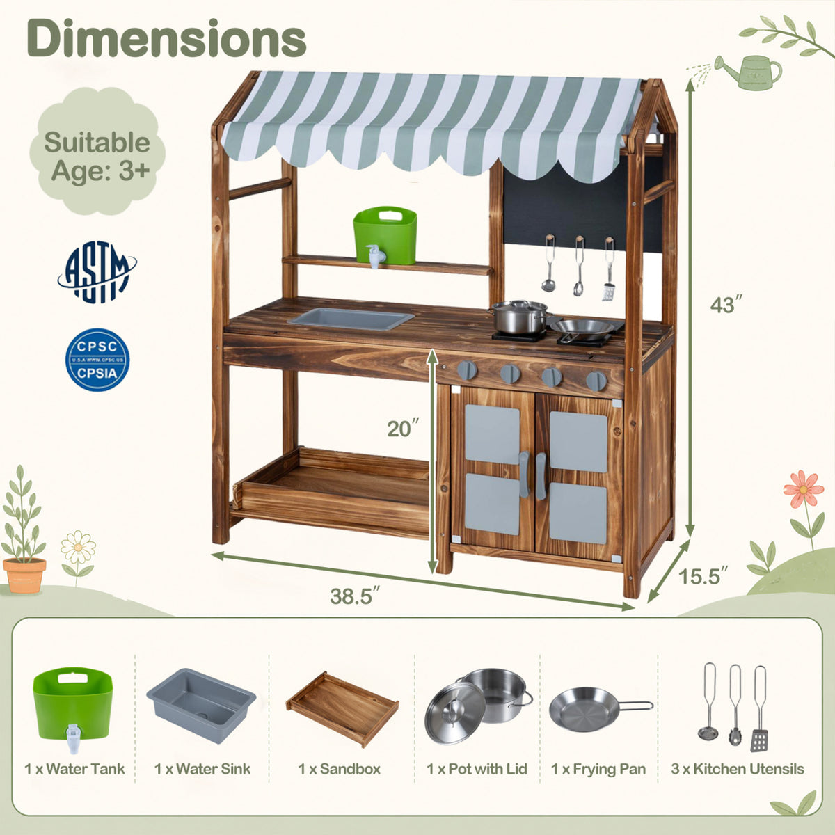 Wooden Kids Mud Kitchen with 8 Accessories and 2-Sided Chalkboard for Boys Girls Ages 3+-Brown view 5