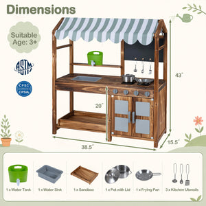 Wooden Kids Mud Kitchen with 8 Accessories and 2-Sided Chalkboard for Boys Girls Ages 3+-Brown view 5