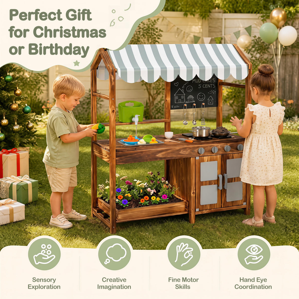 Wooden Kids Mud Kitchen with 8 Accessories and 2-Sided Chalkboard for Boys Girls Ages 3+-Brown view 7