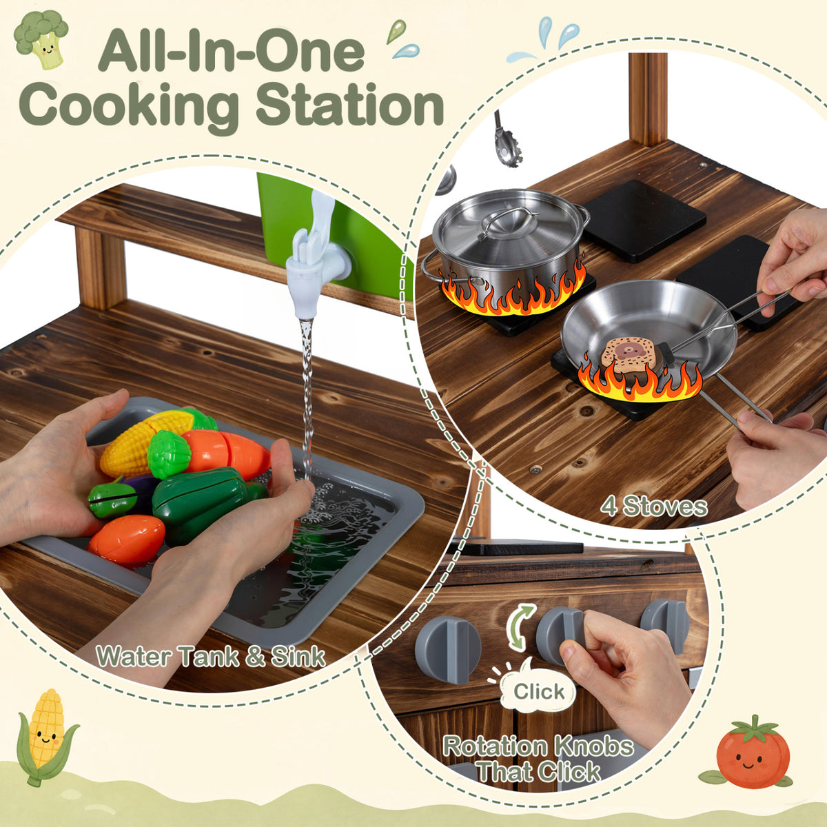 Wooden Kids Mud Kitchen with 8 Accessories and 2-Sided Chalkboard for Boys Girls Ages 3+-Brown view 8