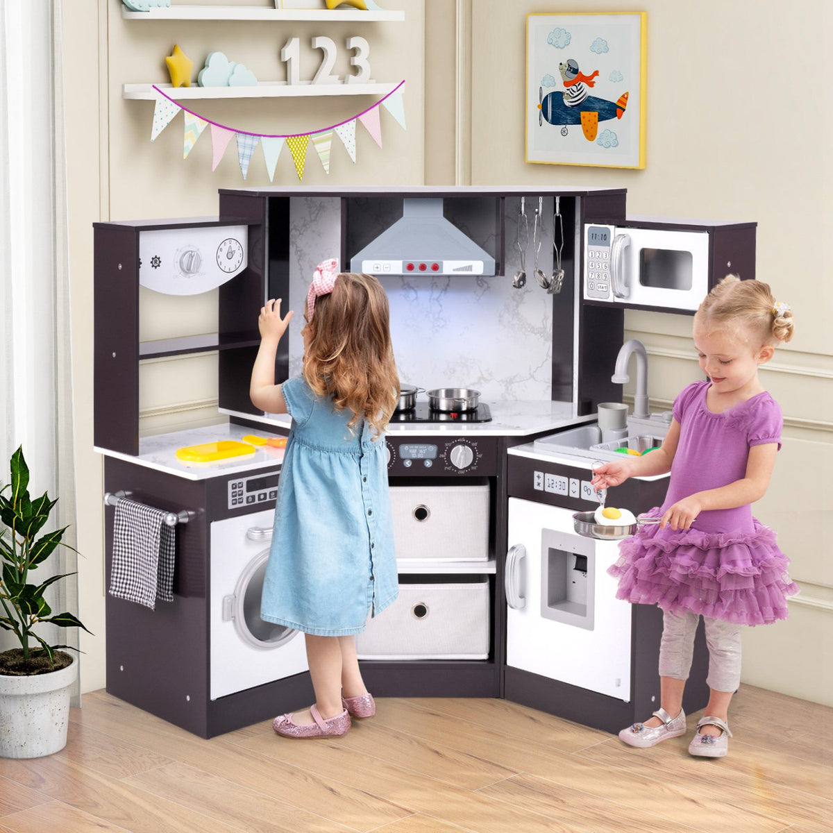 Wooden Kids Play Kitchen Playset with Realistic Lights and Sounds-Coffee view 2