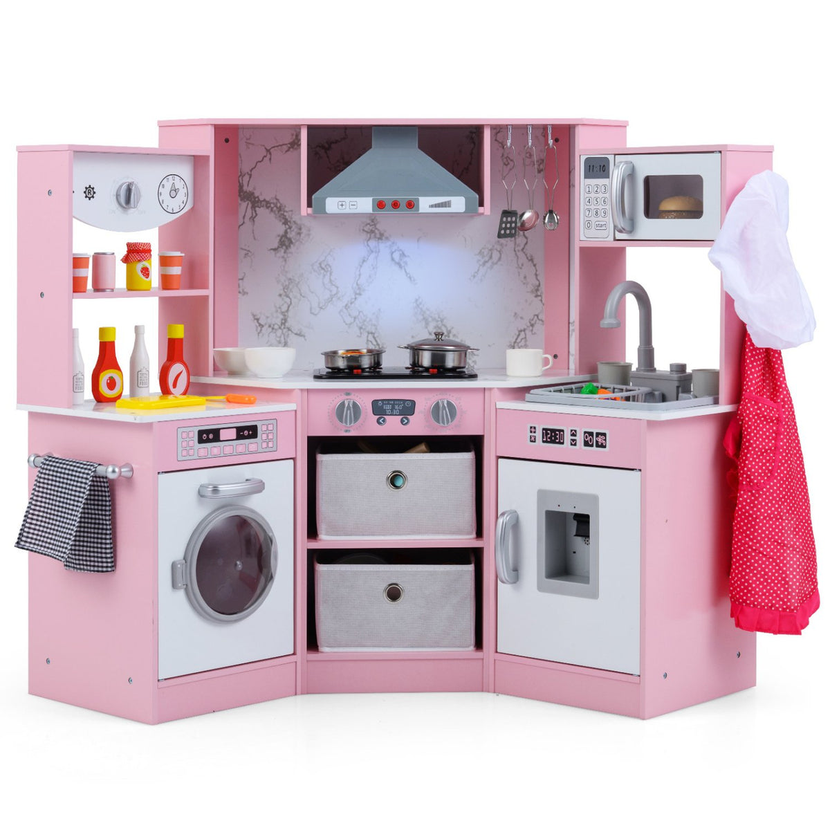 Wooden Kids Play Kitchen Playset with Realistic Lights and Sounds-Pink view 3