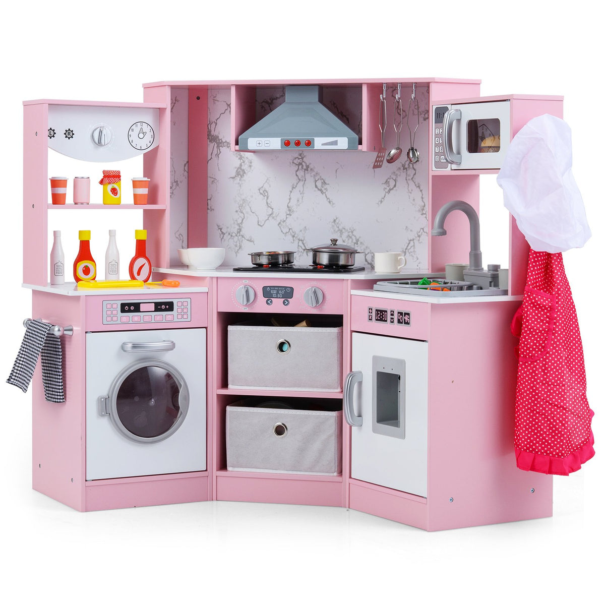 Wooden Kids Play Kitchen Playset with Realistic Lights and Sounds-Pink view 5