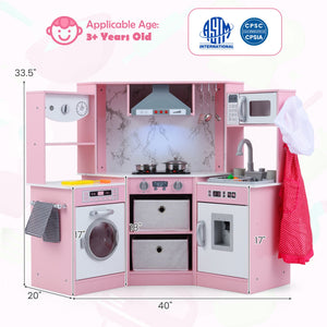 Wooden Kids Play Kitchen Playset with Realistic Lights and Sounds-Pink view 6