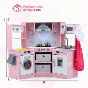 Wooden Kids Play Kitchen Playset with Realistic Lights and Sounds-Pink view 8