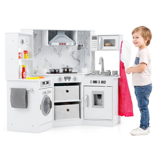 Wooden Kids Play Kitchen Playset with Realistic Lights and Sounds-White