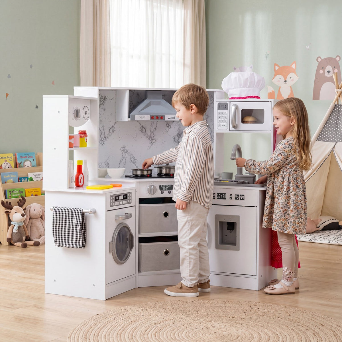Wooden Kids Play Kitchen Playset with Realistic Lights and Sounds-White view 3