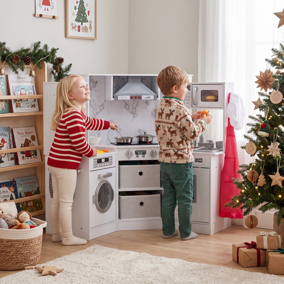 Wooden Kids Play Kitchen Playset with Realistic Lights and Sounds-White view 5