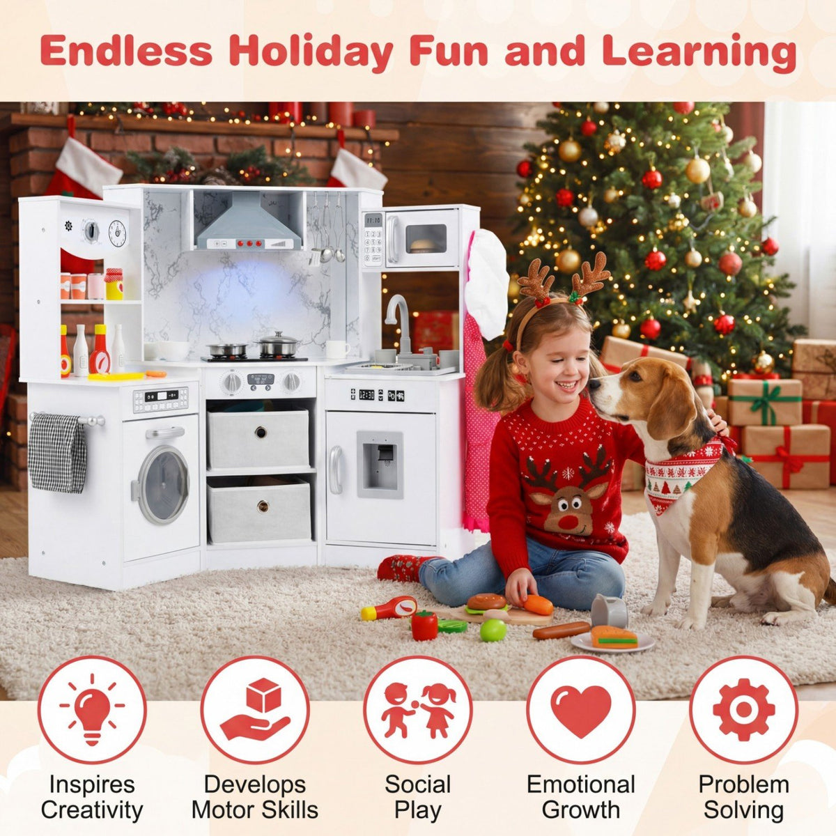 Wooden Kids Play Kitchen Playset with Realistic Lights and Sounds-White view 6