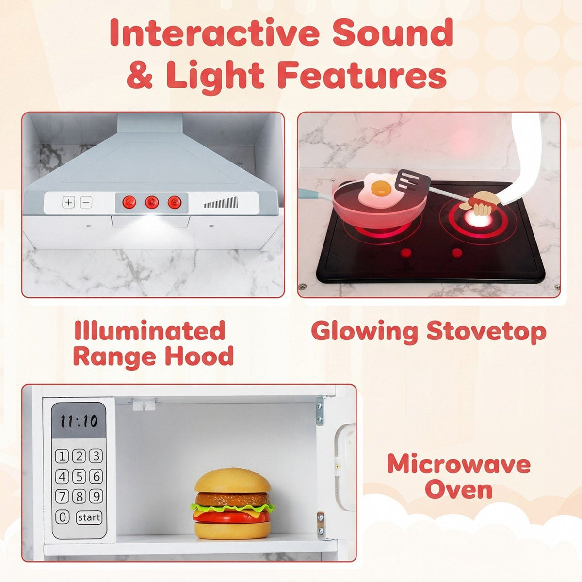 Wooden Kids Play Kitchen Playset with Realistic Lights and Sounds-White view 7