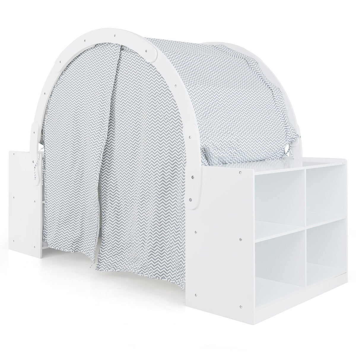 Wooden Kids Play Tent with Curtain Shades and 8 Cubbies-White view 4