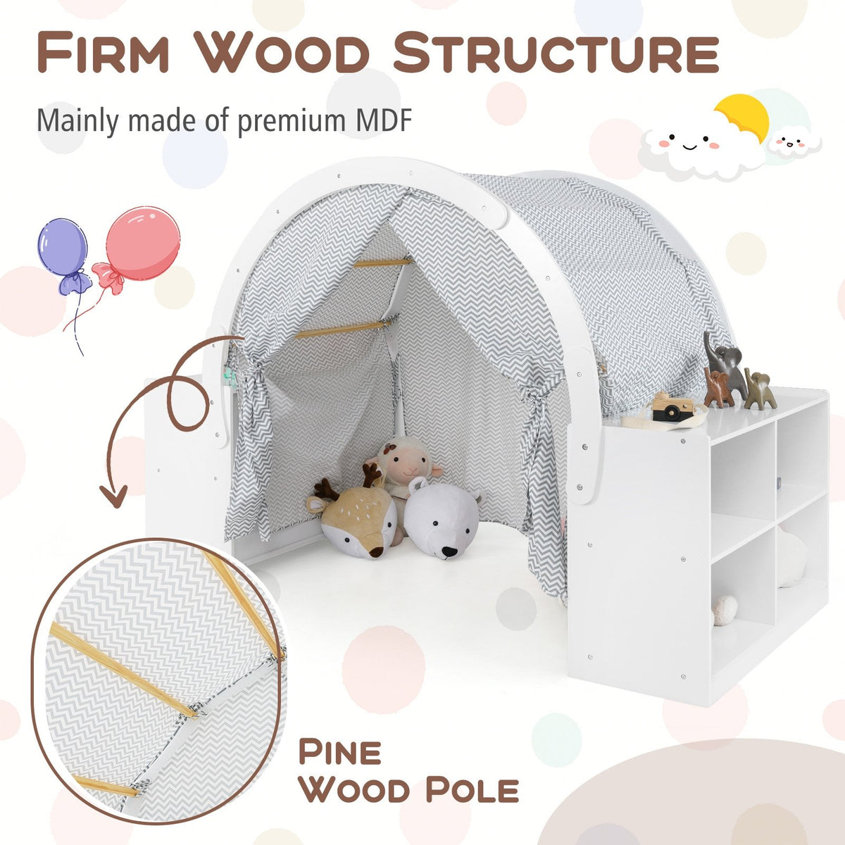 Wooden Kids Play Tent with Curtain Shades and 8 Cubbies-White view 6