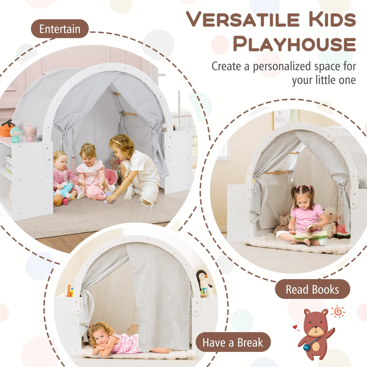 Wooden Kids Play Tent with Curtain Shades and 8 Cubbies-White view 7