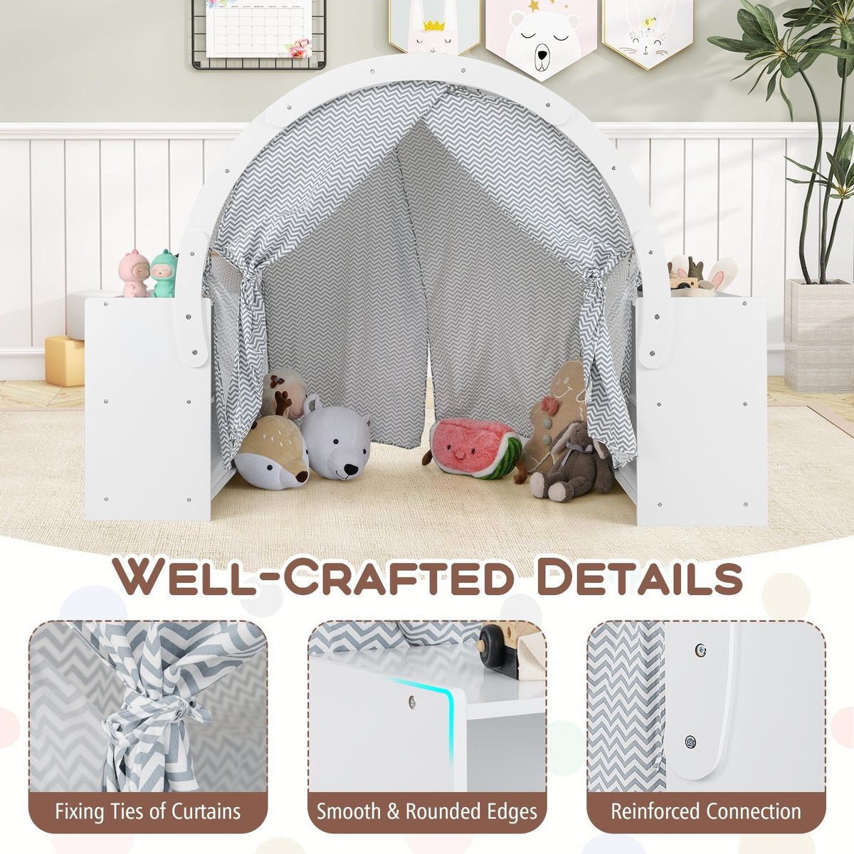 Wooden Kids Play Tent with Curtain Shades and 8 Cubbies-White view 8