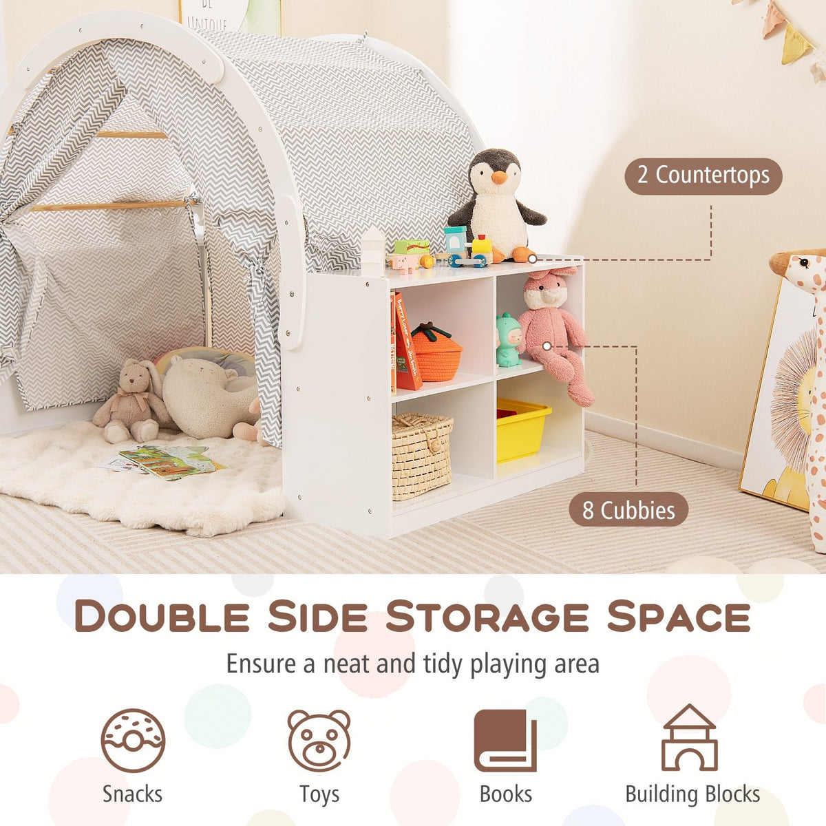 Wooden Kids Play Tent with Curtain Shades and 8 Cubbies-White view 9