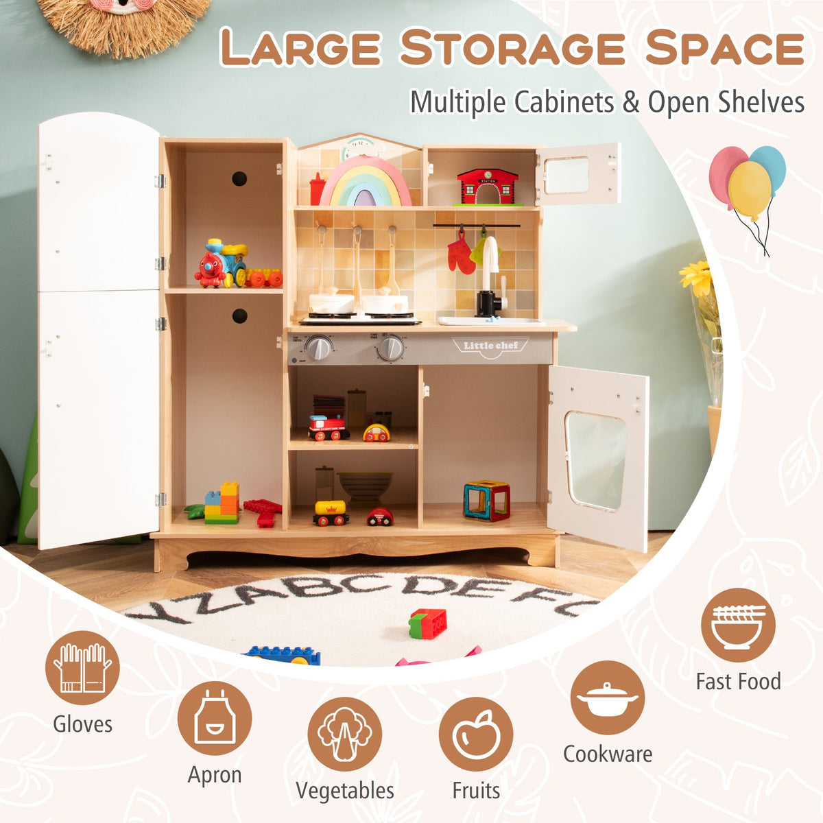 Wooden Kids Pretend Kitchen Playset Cooking Play Toy with Utensils and Sound view 8