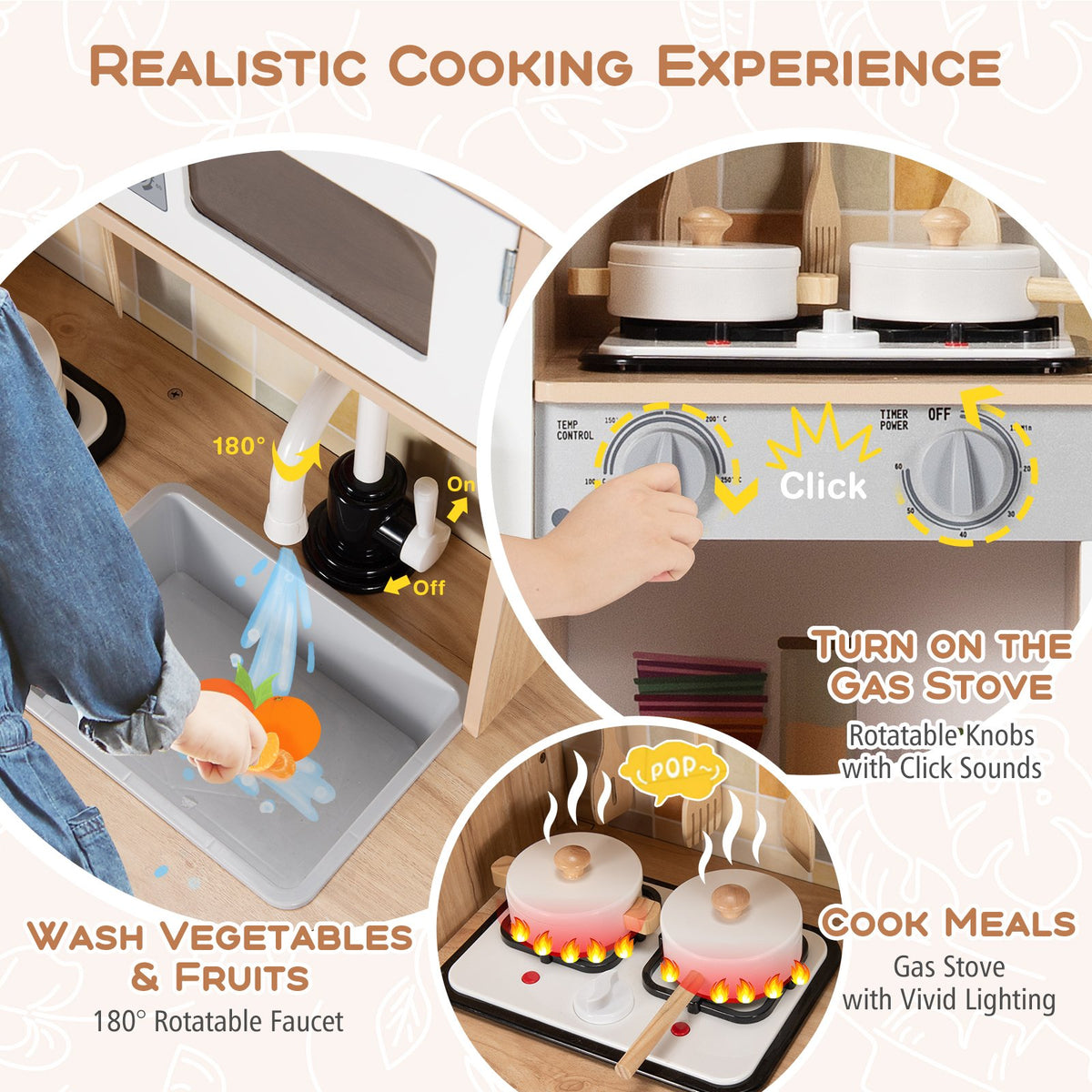 Wooden Kids Pretend Kitchen Playset Cooking Play Toy with Utensils and Sound view 9
