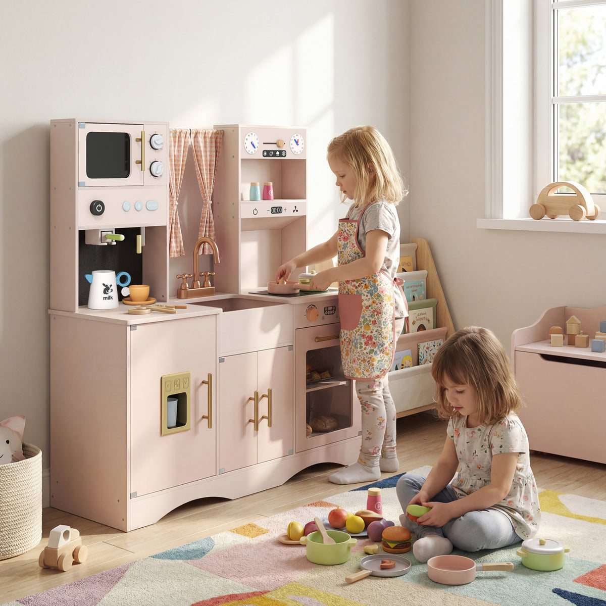 Wooden Kids Pretend Play Toy Kitchen with Microwave and Coffee Maker for Boys & Girls Ages 3+-Pink view 2