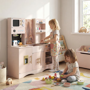 Wooden Kids Pretend Play Toy Kitchen with Microwave and Coffee Maker for Boys & Girls Ages 3+-Pink view 2