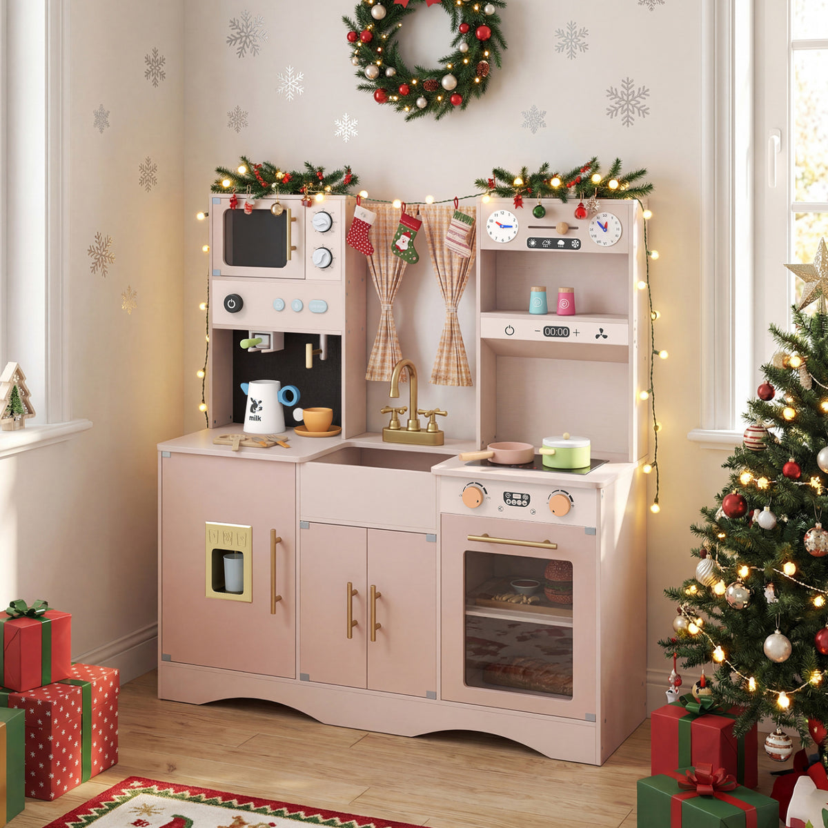 Wooden Kids Pretend Play Toy Kitchen with Microwave and Coffee Maker for Boys & Girls Ages 3+-Pink view 3