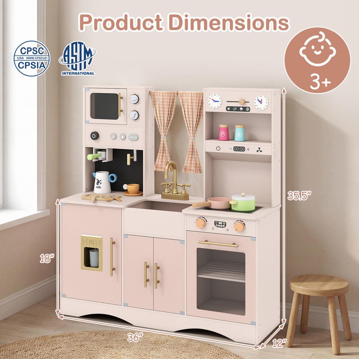 Wooden Kids Pretend Play Toy Kitchen with Microwave and Coffee Maker for Boys & Girls Ages 3+-Pink view 4