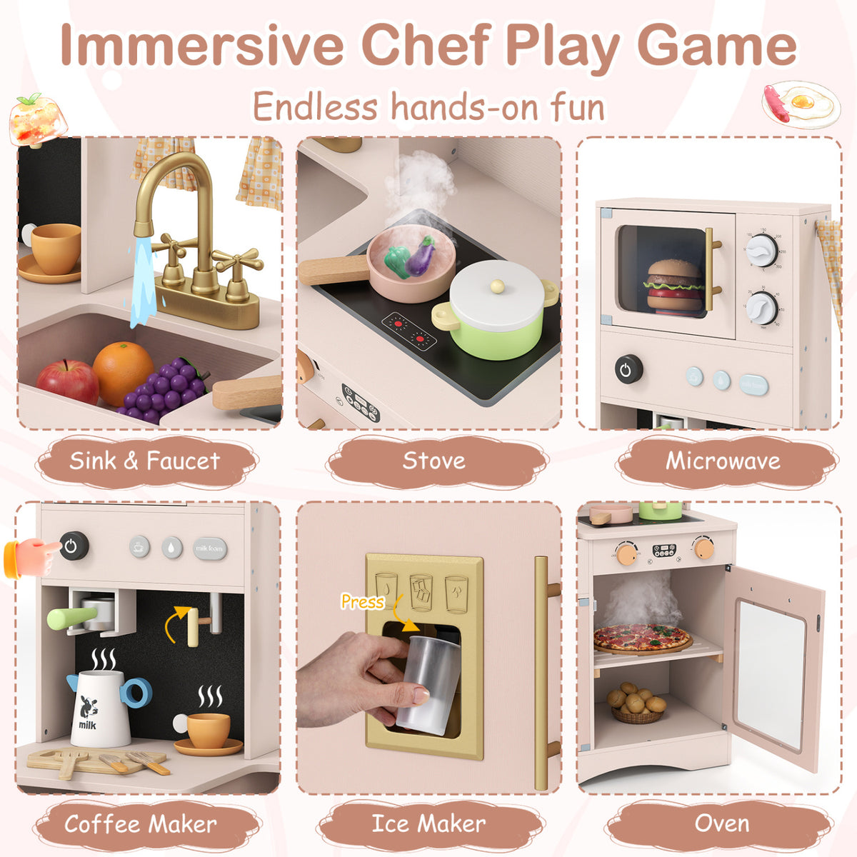 Wooden Kids Pretend Play Toy Kitchen with Microwave and Coffee Maker for Boys & Girls Ages 3+-Pink view 5