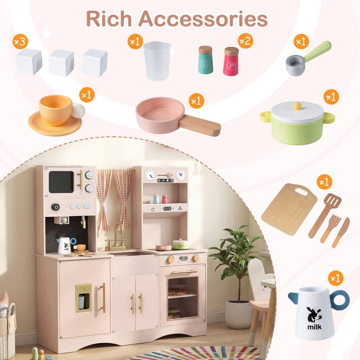 Wooden Kids Pretend Play Toy Kitchen with Microwave and Coffee Maker for Boys & Girls Ages 3+-Pink view 8