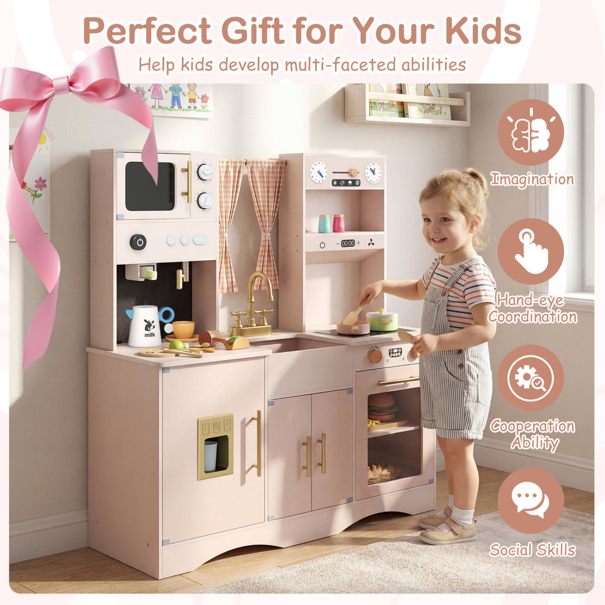 Wooden Kids Pretend Play Toy Kitchen with Microwave and Coffee Maker for Boys & Girls Ages 3+-Pink view 9
