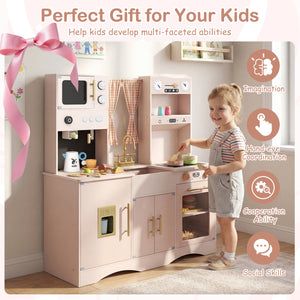 Wooden Kids Pretend Play Toy Kitchen with Microwave and Coffee Maker for Boys & Girls Ages 3+-Pink view 9