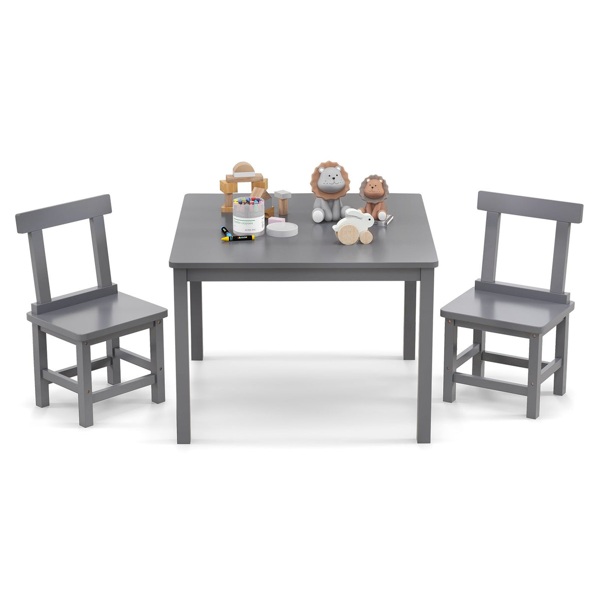 Wooden Kids Table and 2 Chairs Set with Anti-slip Foot Pads-Gray
