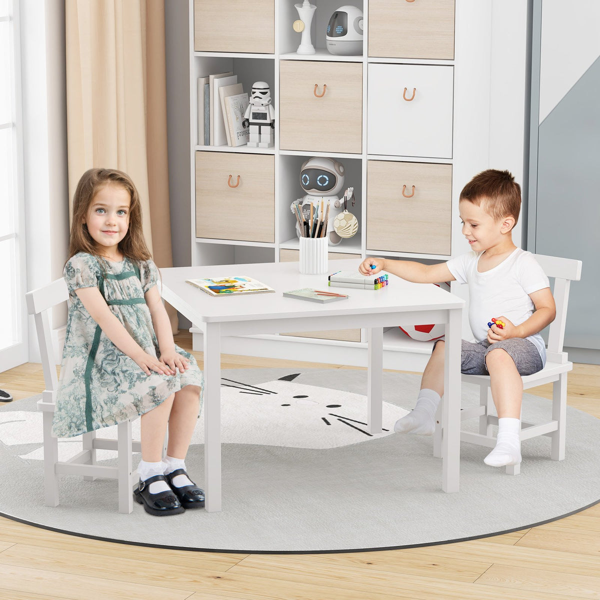 Wooden Kids Table and 2 Chairs Set with Anti-slip Foot Pads-White view 3