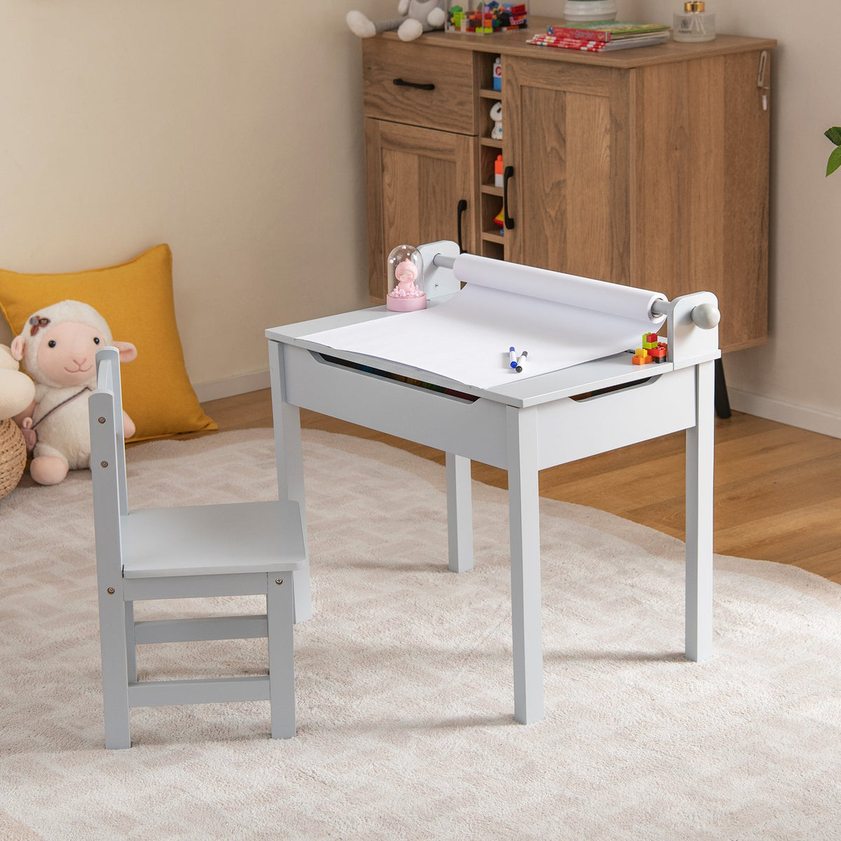 Wooden Kids Table and Chair Set with Storage and Paper Roll Holder-Gray view 2
