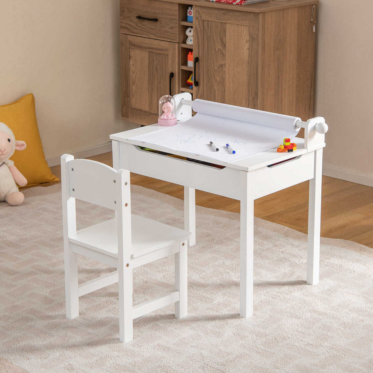 Wooden Kids Table and Chair Set with Storage and Paper Roll Holder-White view 2