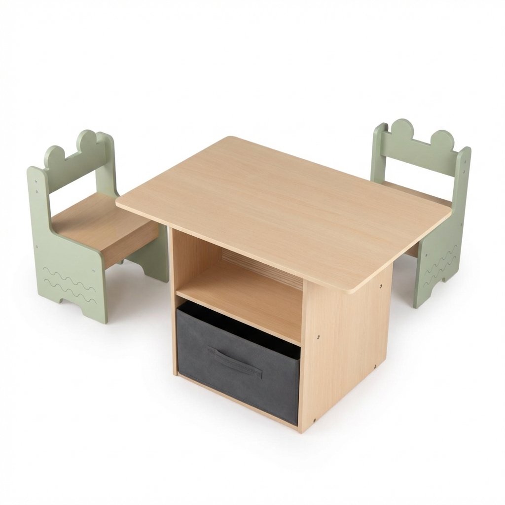 Wooden Kids Table and Chairs Set with 2 Open Compartments-Green