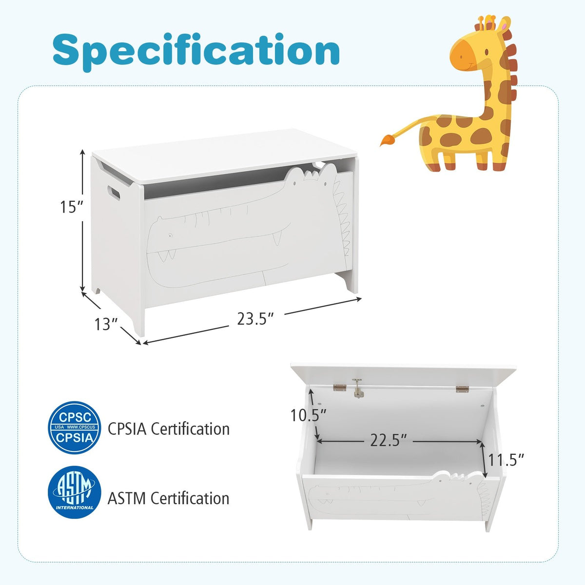 Wooden Kids Toy Box with Safety Hinge-White view 5