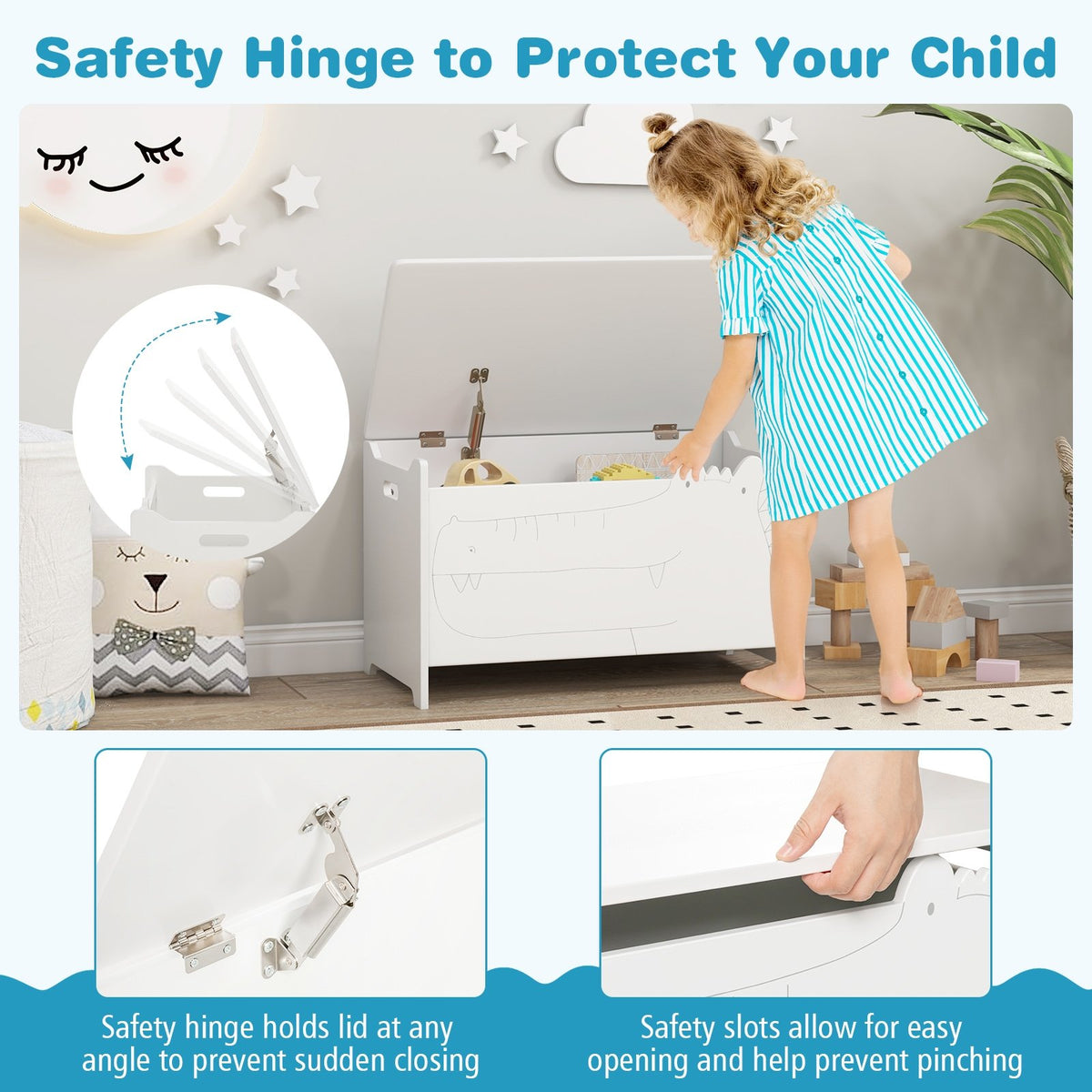 Wooden Kids Toy Box with Safety Hinge-White view 7