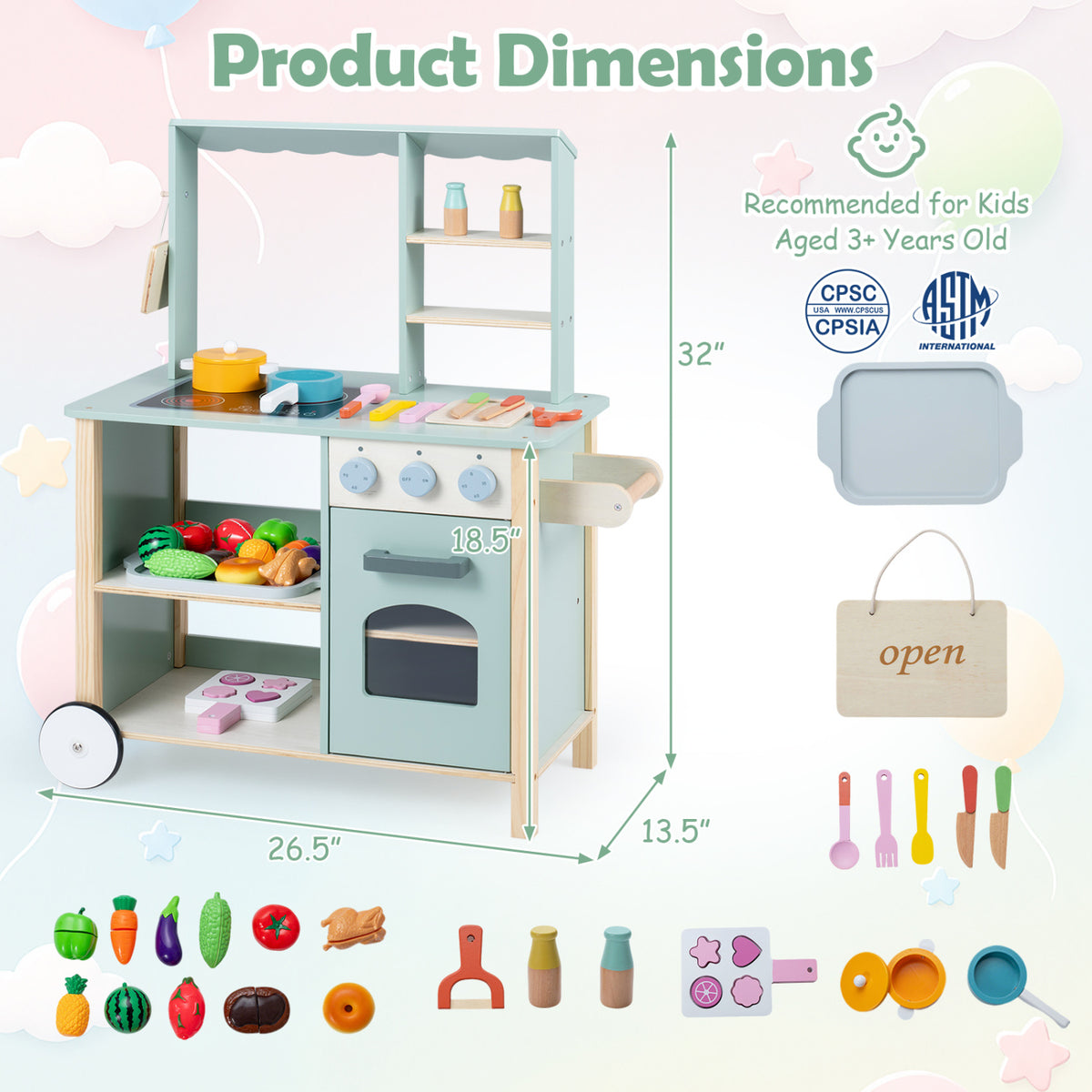 Wooden Kitchen Playset with Cookware Accessories for Kids view 5