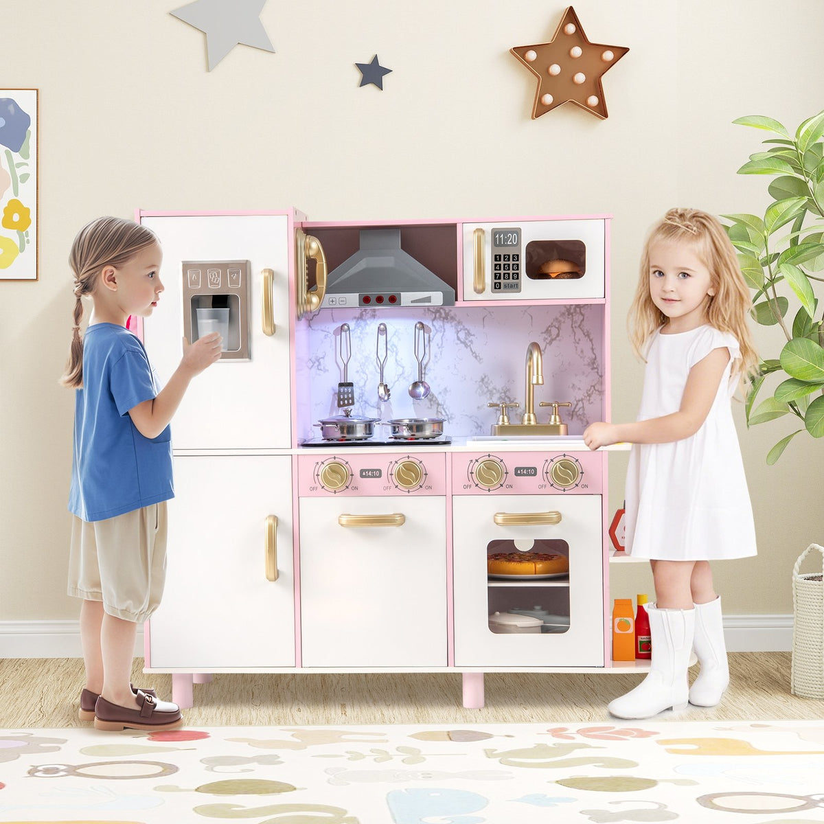 Wooden Kitchen Playset with Ice Maker and Sounds for Ages 3+-Pink view 2