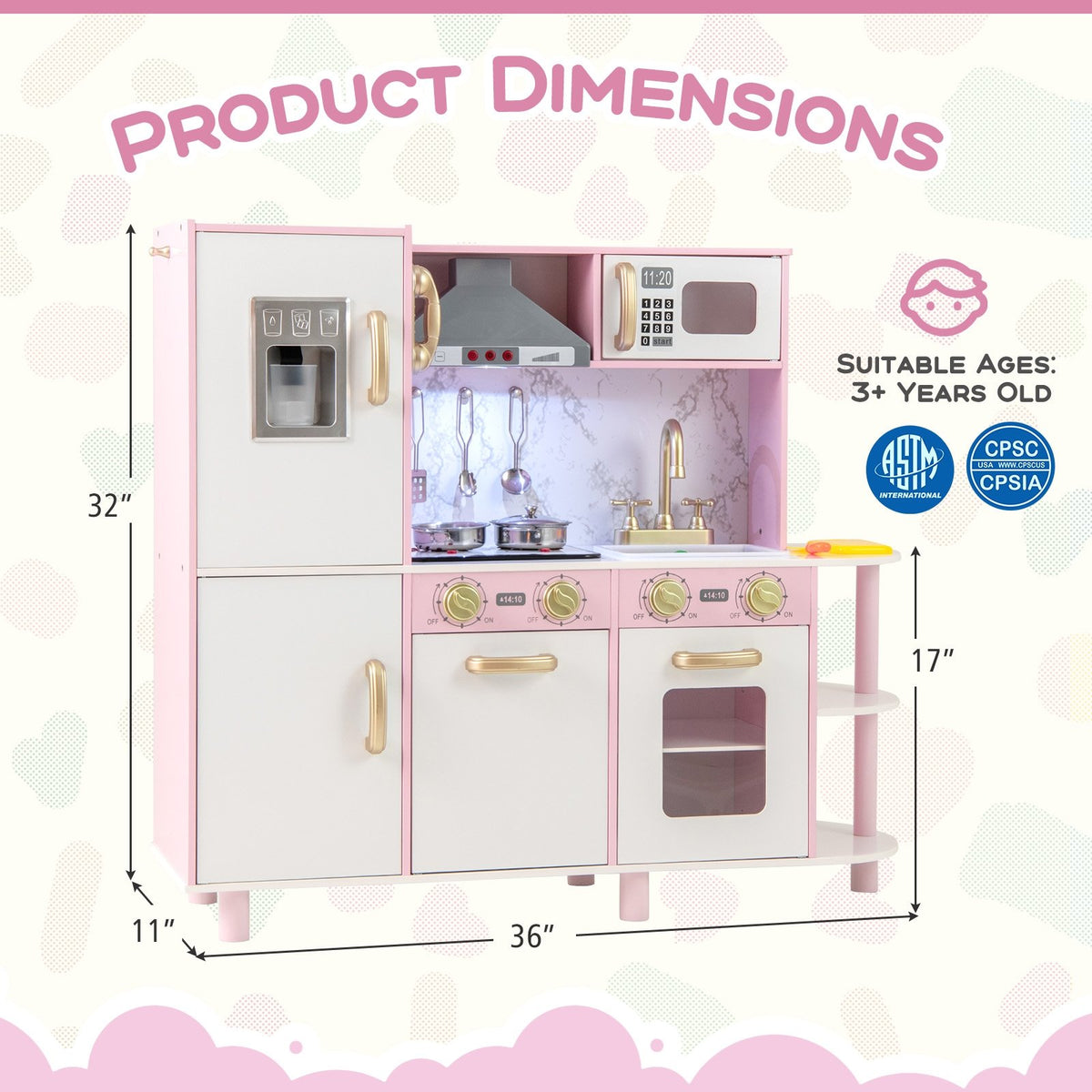 Wooden Kitchen Playset with Ice Maker and Sounds for Ages 3+-Pink view 4