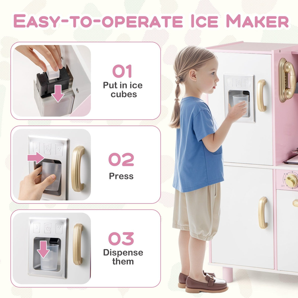 Wooden Kitchen Playset with Ice Maker and Sounds for Ages 3+-Pink view 7