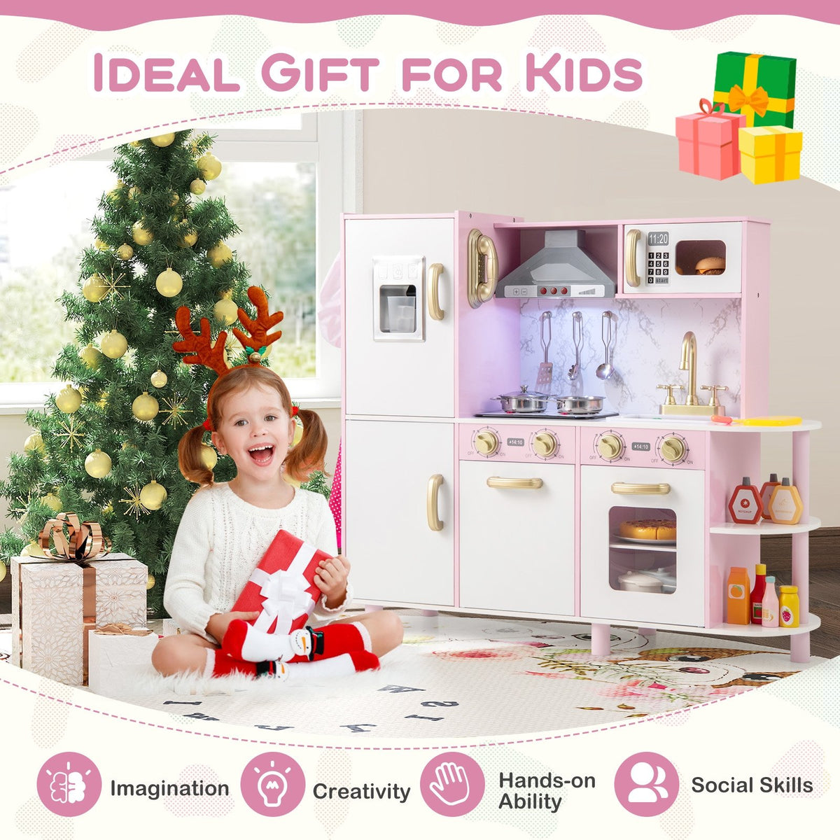 Wooden Kitchen Playset with Ice Maker and Sounds for Ages 3+-Pink view 8