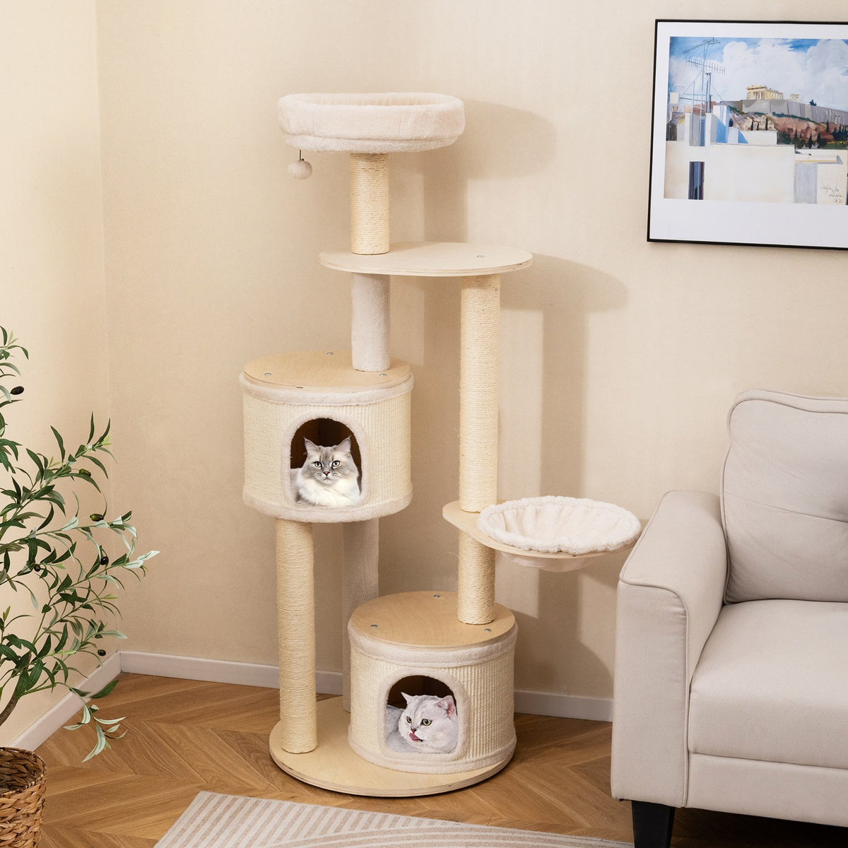 Wooden Kitten Tower with Sisal Scratching Posts and 2 Condos-Natural view 2
