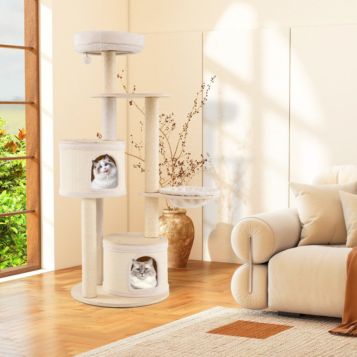 Wooden Kitten Tower with Sisal Scratching Posts and 2 Condos-Natural view 3