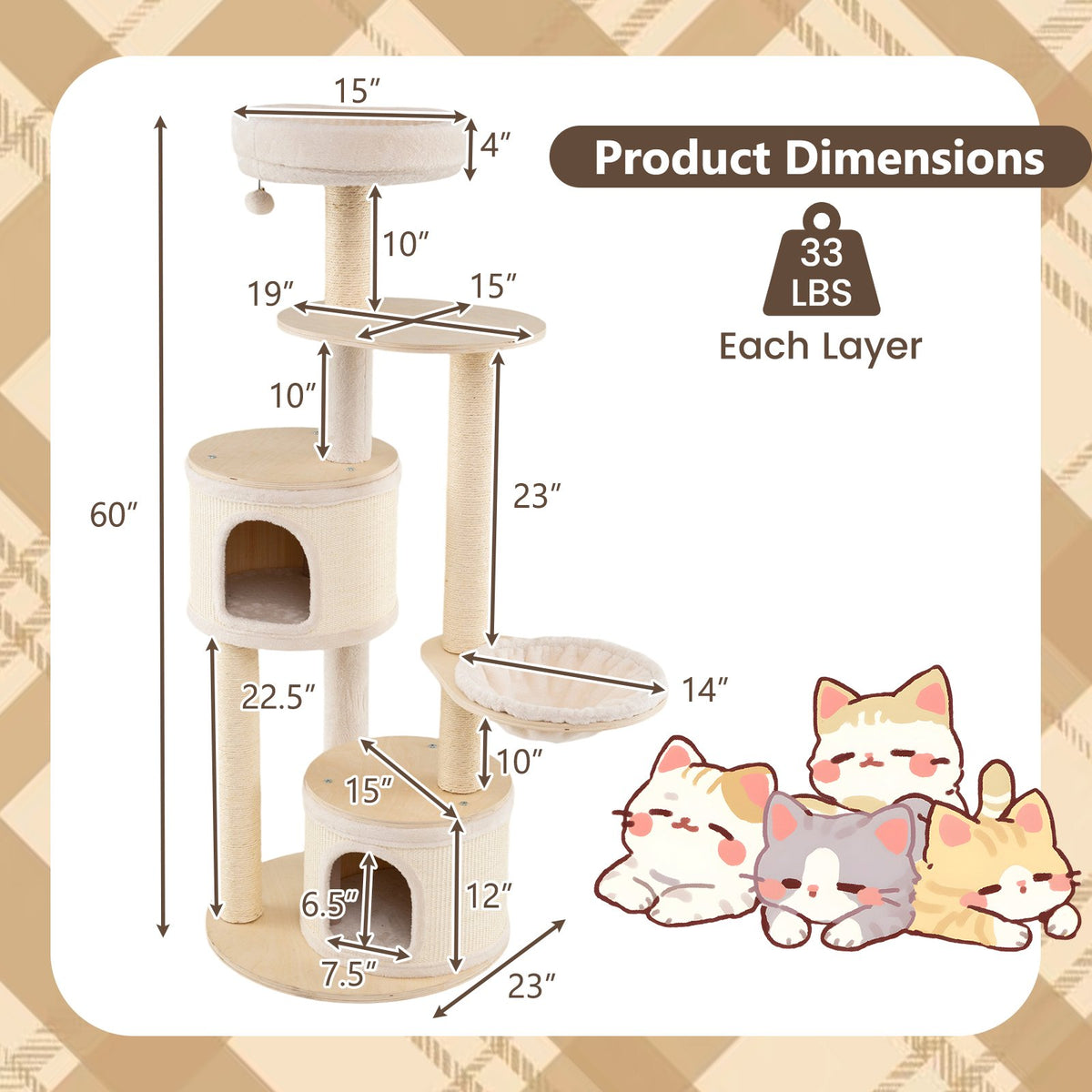 Wooden Kitten Tower with Sisal Scratching Posts and 2 Condos-Natural view 5