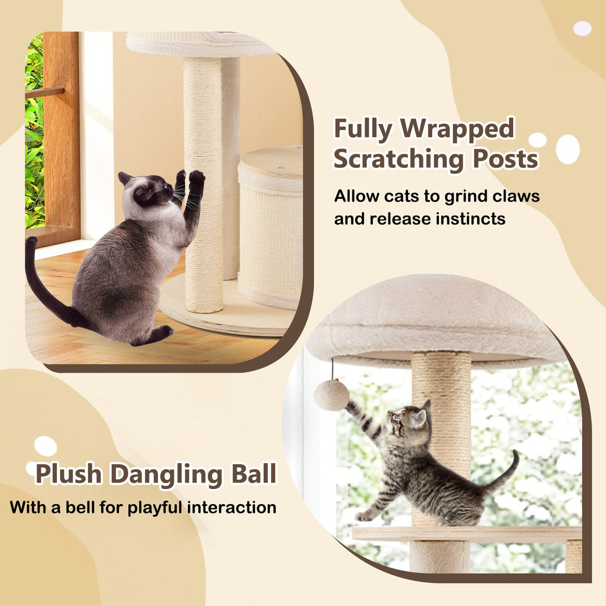 Wooden Kitten Tower with Sisal Scratching Posts and 2 Condos-Natural view 8